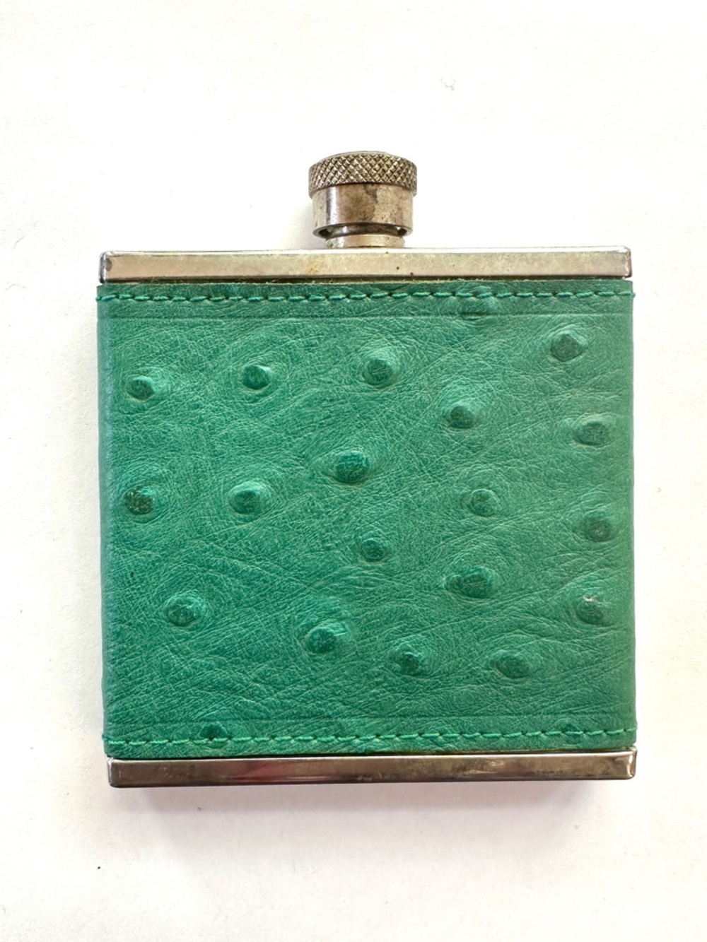VINTAGE 1980s SIR RONDO'S TEAL GREEN OSTRICH LEATHER SMALL POCKET FLASK BOTTLE